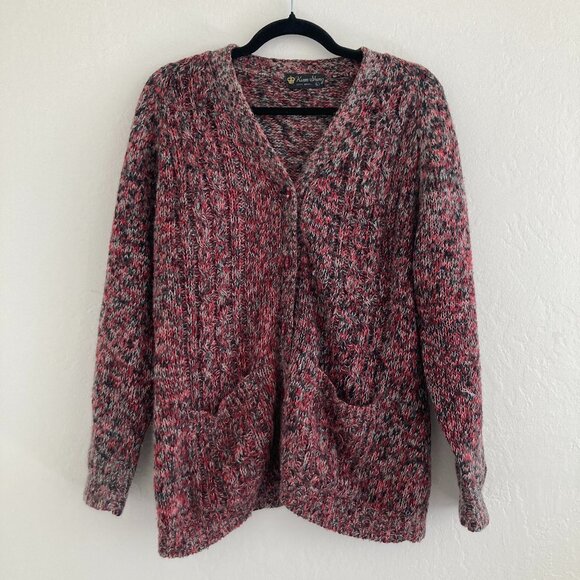 Vintage Kwon Shing 100% Wool Marled Cardigan Sweater Button Front Pink Large - Picture 1 of 7